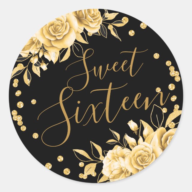 Gold Black Sweet 16 Birthday Floral Glitter Classic Round Sticker (Front)