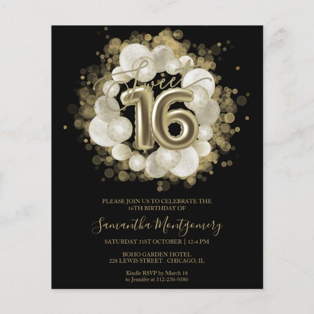 Gold Black Sweet 16 Budget Invitations (Front)
