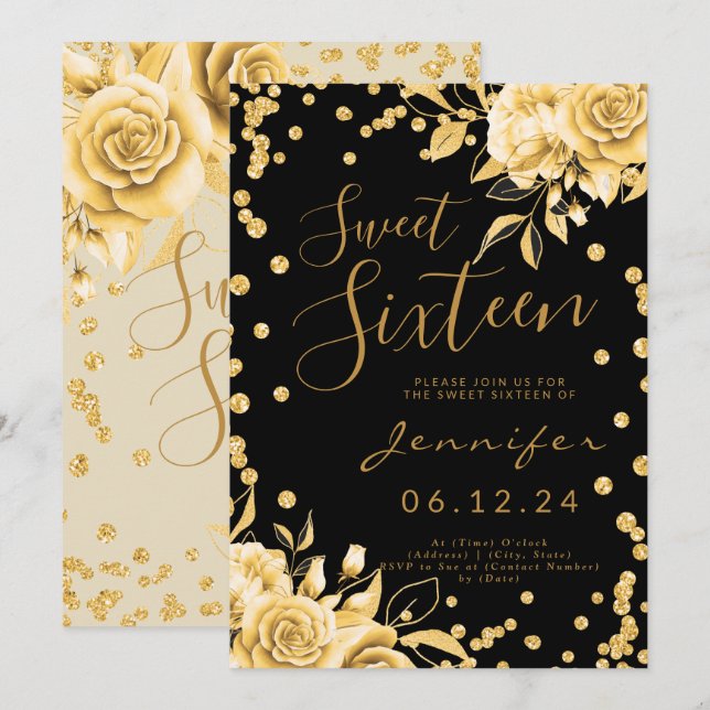 Gold Black Sweet 16 Glitter Confetti Floral Invitation (Front/Back)