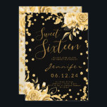 Gold Black Sweet 16 Glitter Confetti Floral Invitation<br><div class="desc">Elegant Gold Black Sweet 16 Birthday Glitter Confetti Floral Invitation Template</div>