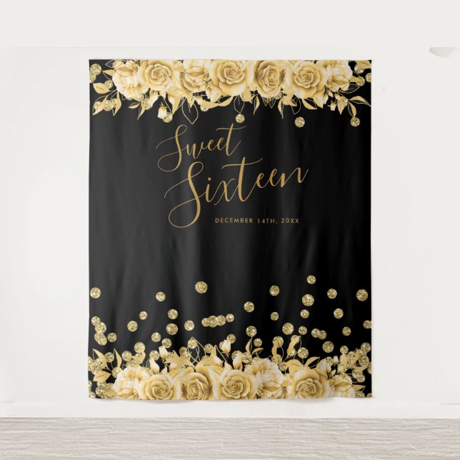 Gold Black Sweet 16 Glitter Confetti Floral Tapestry (Front)