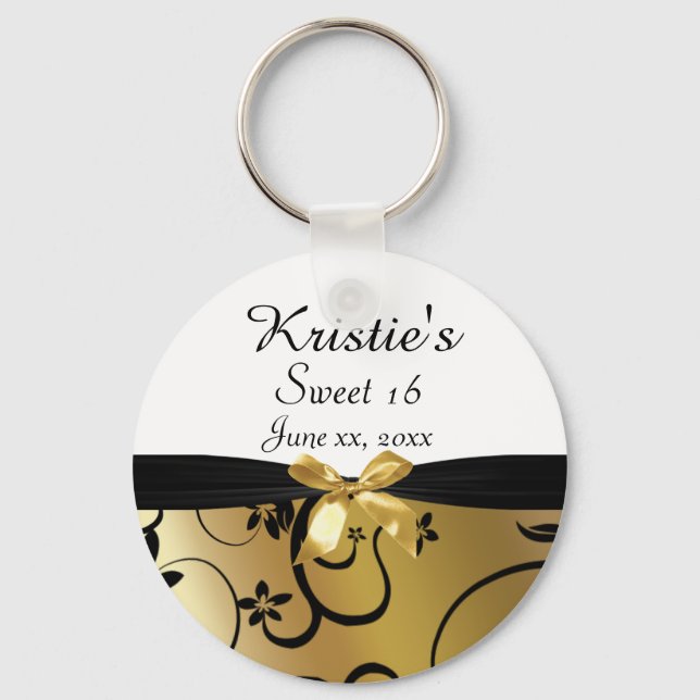 Gold & Black, Sweet Sixteen, Custom, Party Favor Key Ring (Front)
