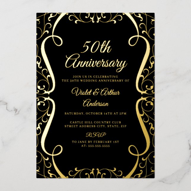 Gold Black Swirl Elegant 50th Wedding Anniversary (Front)