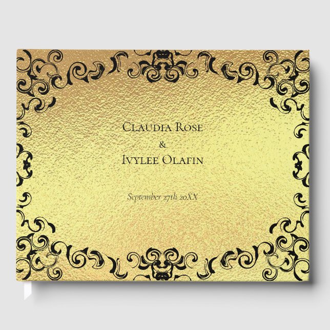 Gold & Black Swirl Gothic Wedding Guest Book (Front)