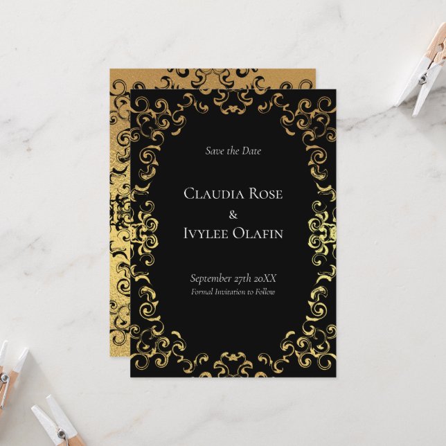 Gold & Black Swirl Gothic Wedding Invitation (Front/Back In Situ)