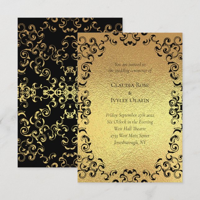 Gold & Black Swirl Gothic Wedding Invitation (Front/Back)
