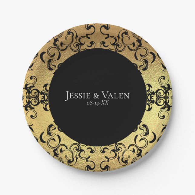 Gold & Black Swirl Gothic Wedding Paper Plate (Front)