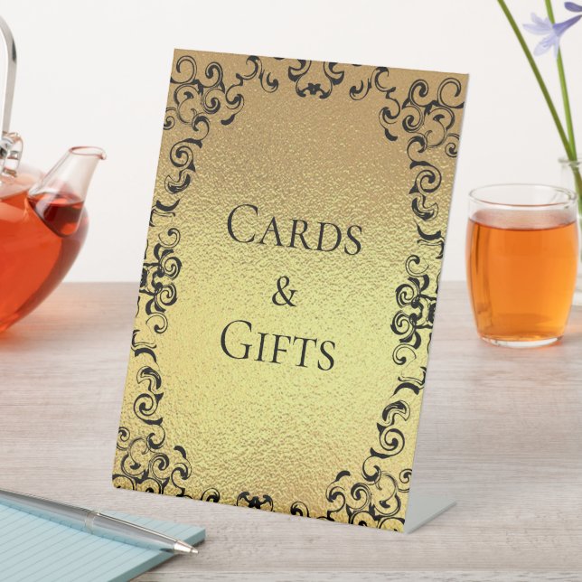 Gold & Black Swirl Gothic Wedding Pedestal Sign (In SItu)