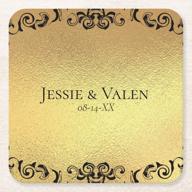 Gold & Black Swirl Gothic Wedding Square Paper Coaster (Front)