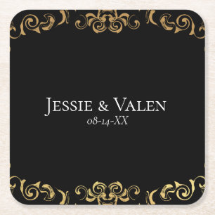 Gold & Black Swirl Gothic Wedding Square Paper Coaster