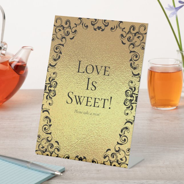 Gold & Black Swirl Gothic Wedding Sweets Table Pedestal Sign (In SItu)