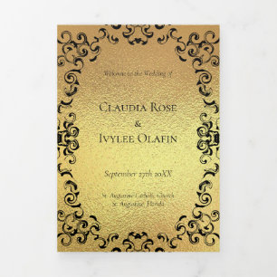Gold & Black Swirl Gothic Wedding Tri-Fold Programme