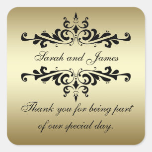 Gold Black Swirls Thank You Wedding Favour Square Sticker