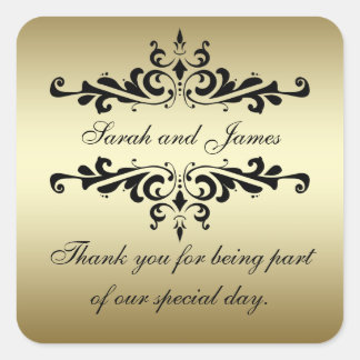 Gold Black Swirls Thank You Wedding Favour Square Sticker