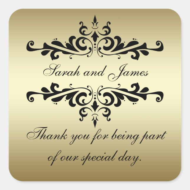 Gold Black Swirls Thank You Wedding Favour Square Sticker (Front)