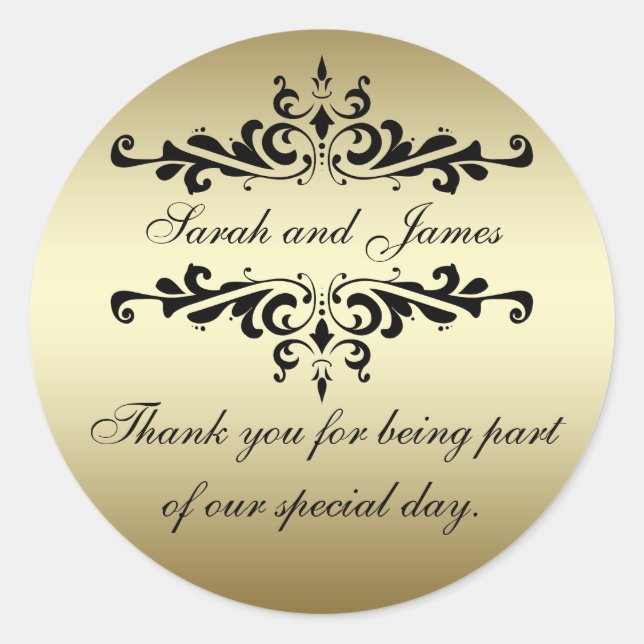 Gold Black Swirls Thank You Wedding Favour Sticker (Front)