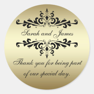 Gold Black Swirls Thank You Wedding Favour Sticker