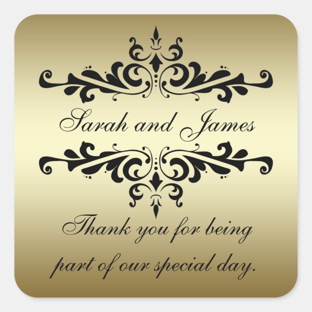 Gold Black Swirls Thank You Wedding Stickers (Front)