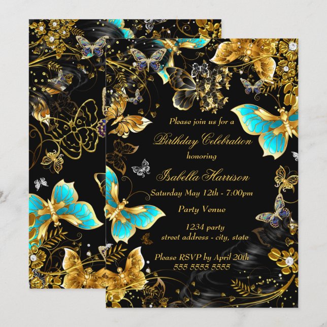 Gold Black Teal Butterfly Floral Birthday Party Invitation (Front/Back)