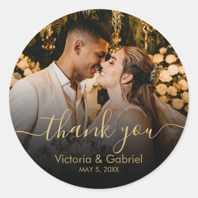 Gold Black Thank You Script Wedding Photo Classic Round Sticker (Front)