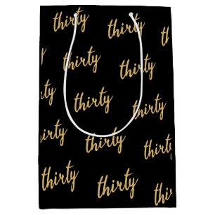 Gold Black "Thirty" 30 Birthday Party Glitter Medium Gift Bag