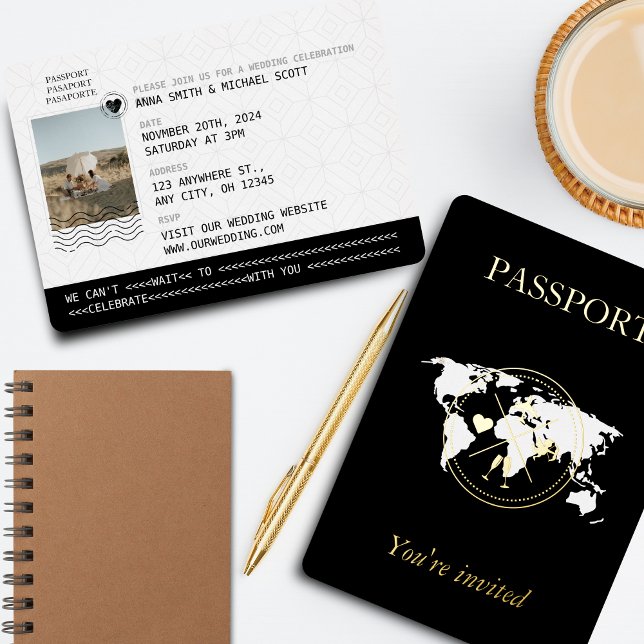 Gold & Black Travel Passport Unique Wedding Photo (Black & Gold Passport Wedding Invitation)