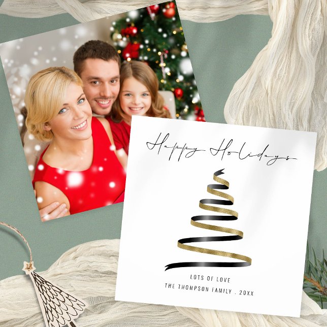 Gold Black Tree Photo Christmas Happy holidays Card (Front and back view - add your favorite festive picture on the back!)