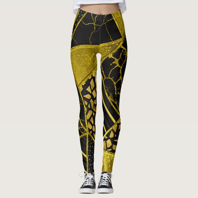 Gold Black Triangle Texture Illusion Leggings (Front)