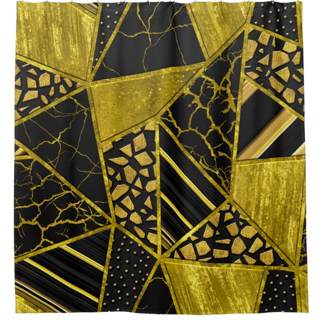 Gold Black Triangle Texture Illusion Shower Curtain (Front)
