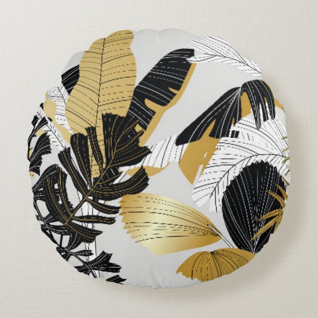 Gold, black tropical plants: luxury. round cushion (Front)