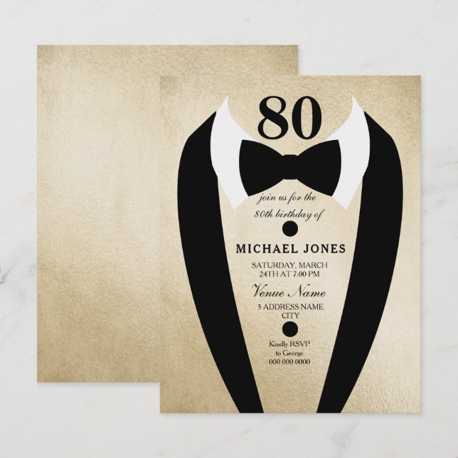 Gold Black Tuxedo Mens 80th Birthday Party Invite (Front/Back)