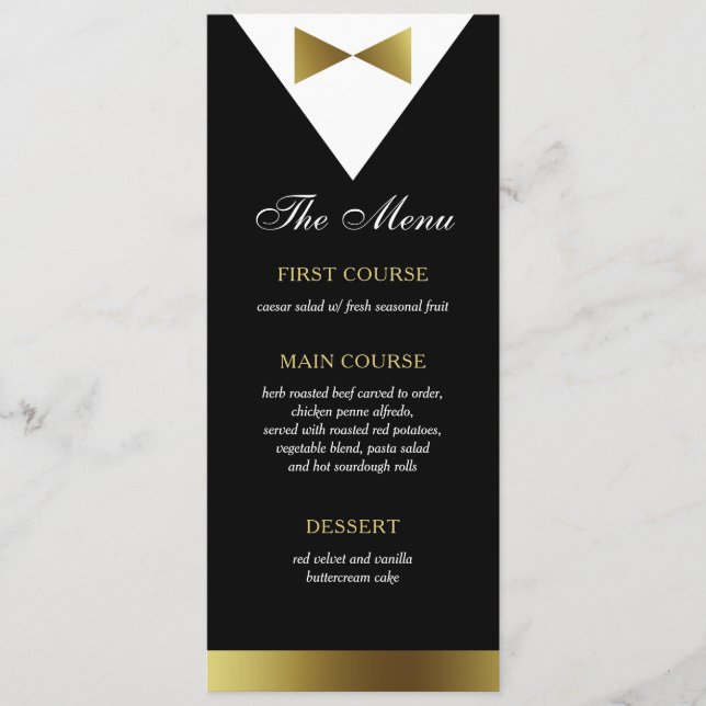 Gold & Black Tuxedo Menu Card, Modern, Formal (Front)