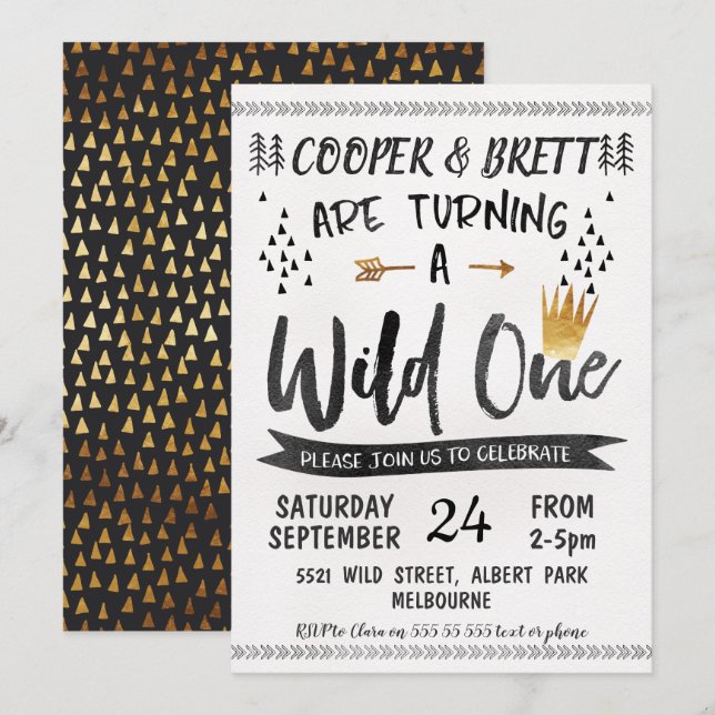 Gold Black Twins Wild One Birthday Invitation (Front/Back)