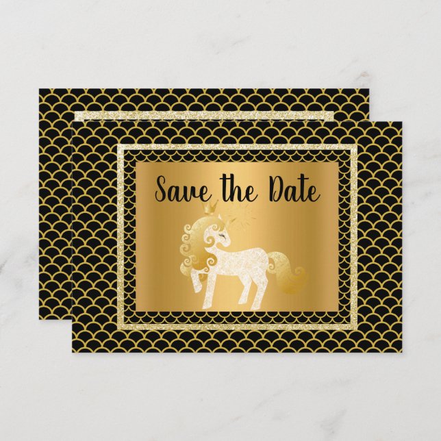 Gold Black Unicorn Mermaid Party Save the Date Invitation (Front/Back)