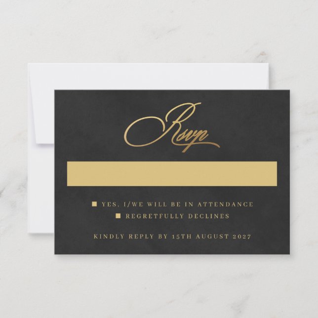 Gold & Black Velvet Texture Imitation Wedding RSVP Card (Front)