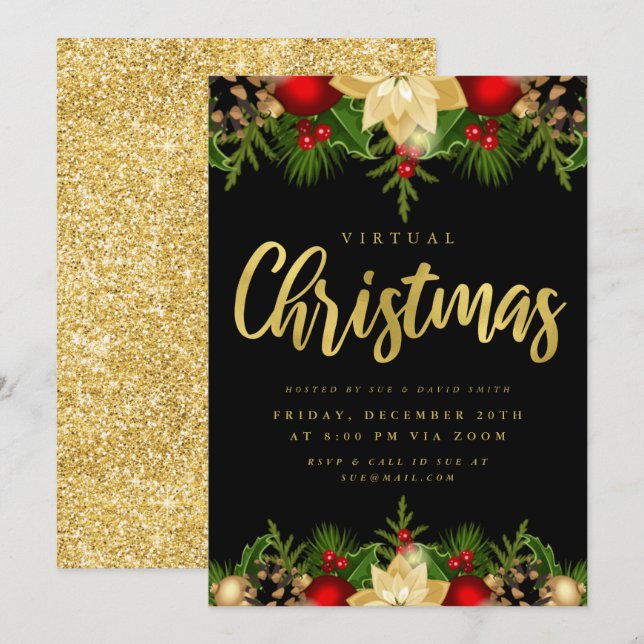 Gold Black VIRTUAL Christmas Holiday Online Party Invitation (Front/Back)