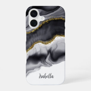 Gold Black Watercolor Personalise iPhone 16 Case