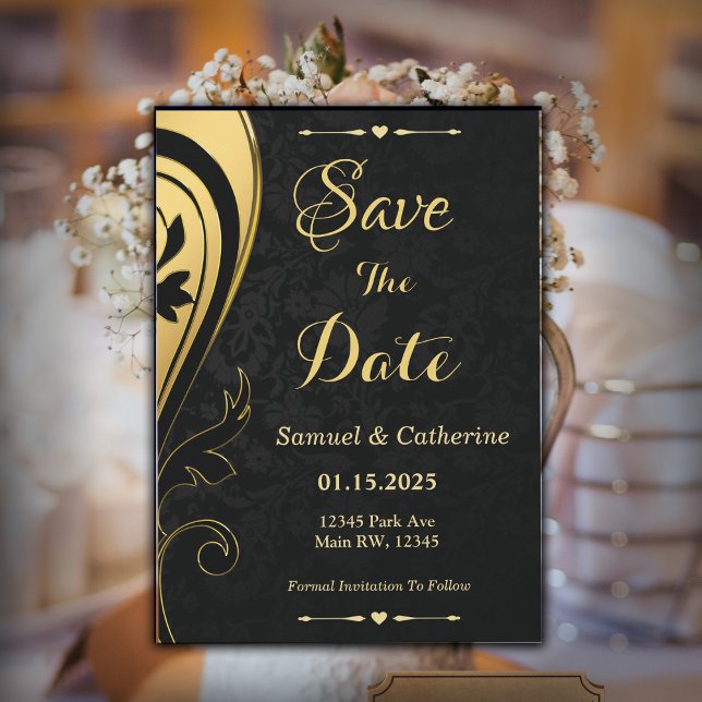 Gold Black Wedding And Anniversary Personalise Save The Date (Gold Black Save The Date Invite )