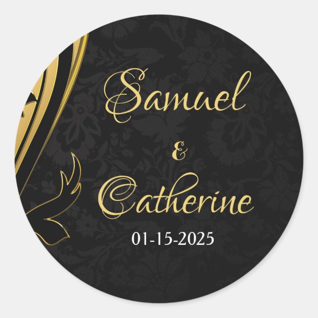 Gold Black Wedding Anniversary Modern Personalise Classic Round Sticker (Front)