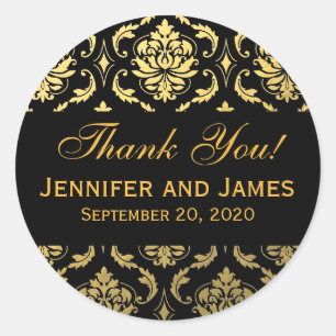 Gold Black Wedding Damask Thank You Label