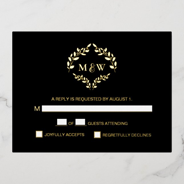 Gold Black Wedding monogram crest Meal selection Foil Holiday Postcard (Front)