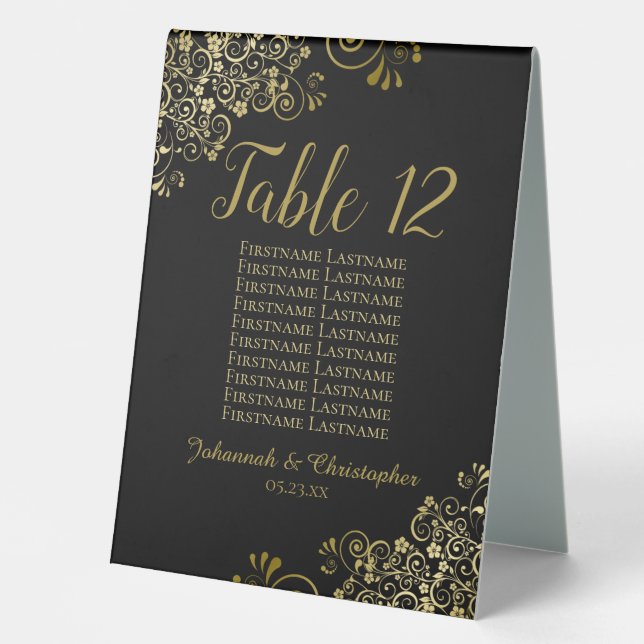 Gold & Black Wedding Table Number Seating Chart (Front)