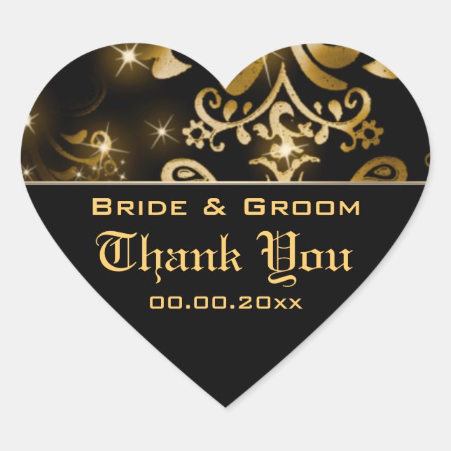Gold black wedding winter "thank you" heart sticker (Front)
