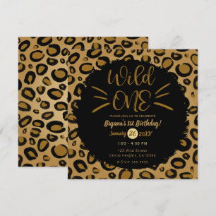 Gold & Black Whiskers WILD ONE 1st Birthday Party Invitation