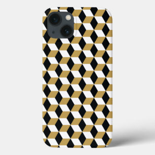 Gold, Black & White 3D Cubes Pattern iPhone 13 Case