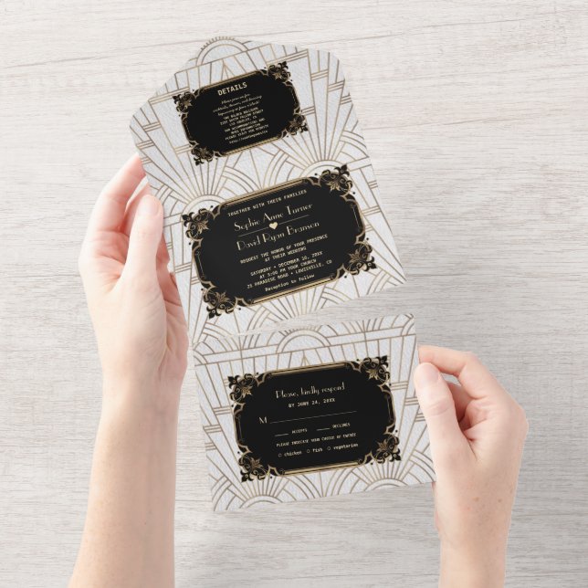 Gold Black White Art Deco Great Gatsby Wedding   All In One Invitation (Tearaway)