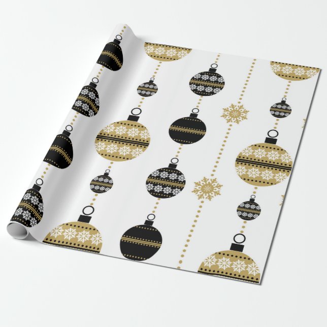 Gold/Black/White Christmas Pattern Wrapping Paper (Unrolled)