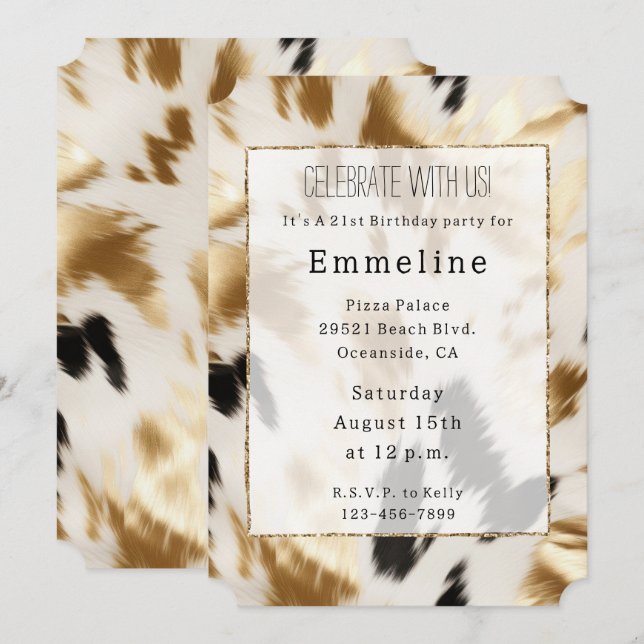 Gold Black White Cream Western Cowhide  Invitation (Front/Back)