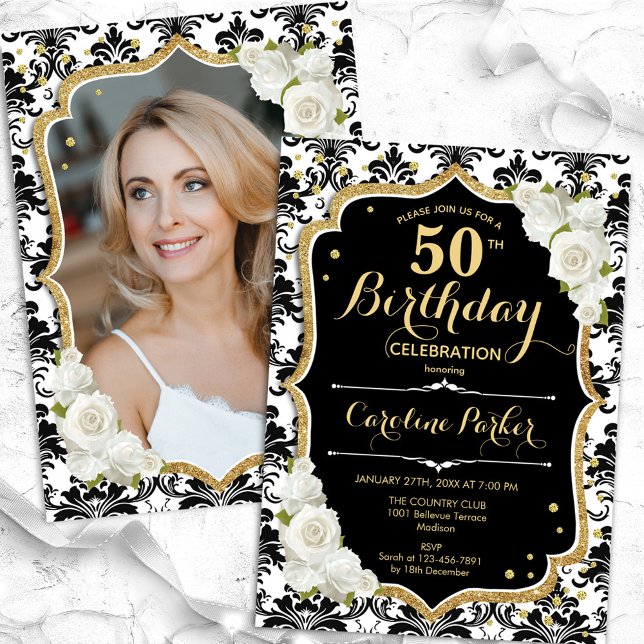 Gold Black White Damask Photo 50th Birthday Invitation (Creator Uploaded)