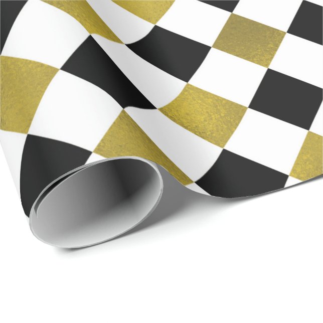 Gold, Black, + White Diamond Chequered Gift Wrap (Roll Corner)